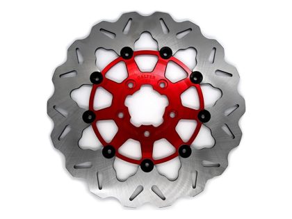 11.8in. Front Wave Floating Disc Rotor with Red Carrier. Fits Dyna 2006-2017, Softail 2015up, Sportster 2014-2021 & Some Touring 2008-2023