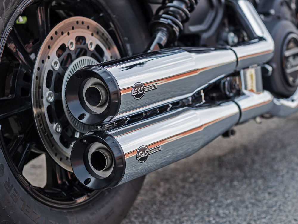 4in. Grand National Slip-On Mufflers - Chrome with Black End Caps. Fits Indian Scout 2015-2024 - Image 2